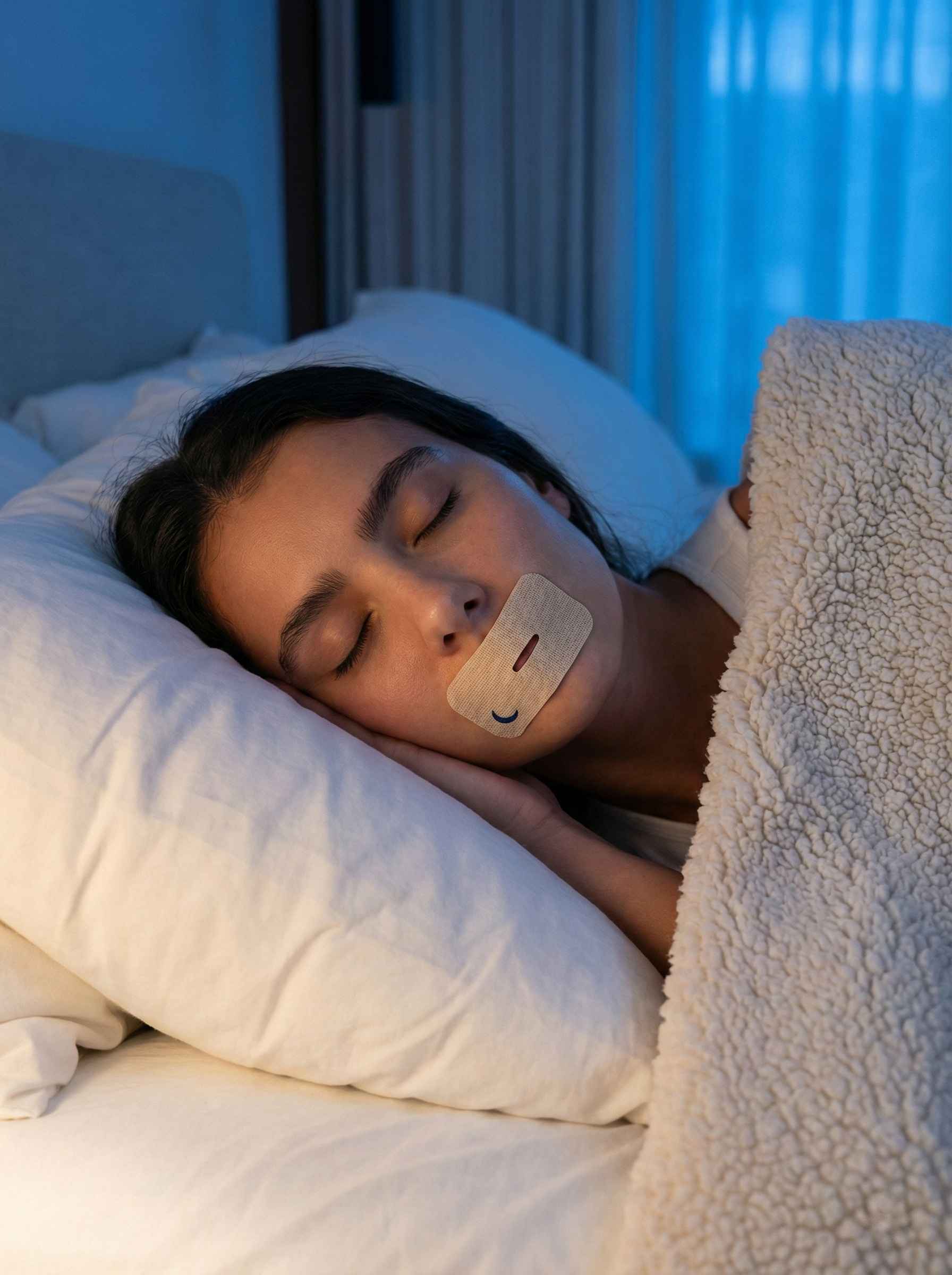 Woman sleeping soundly wearing mouth tape to promote better nasal breathing